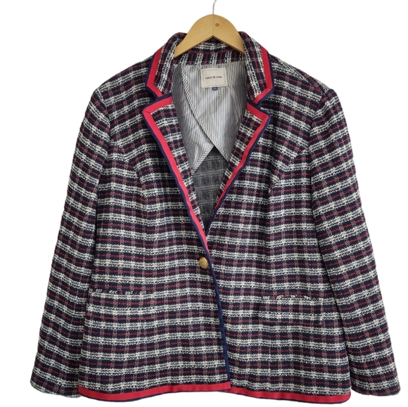 Court & Rowe Plaid Tweed Blazer Navy Blue Red Ribbon Trim Women's Size 18W - Picture 5 of 14